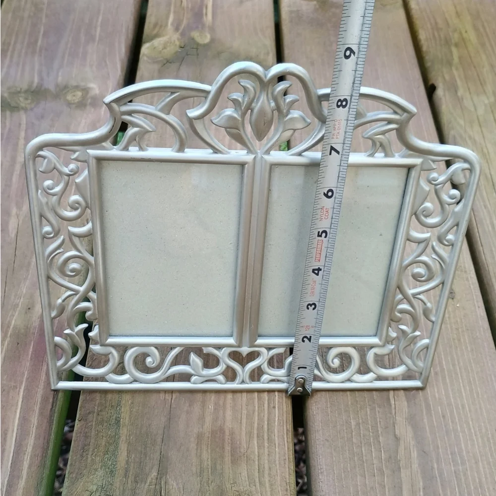 Vintage 1997 HB Group Double Picture Frame Pewter Tone Ornate Tabletop